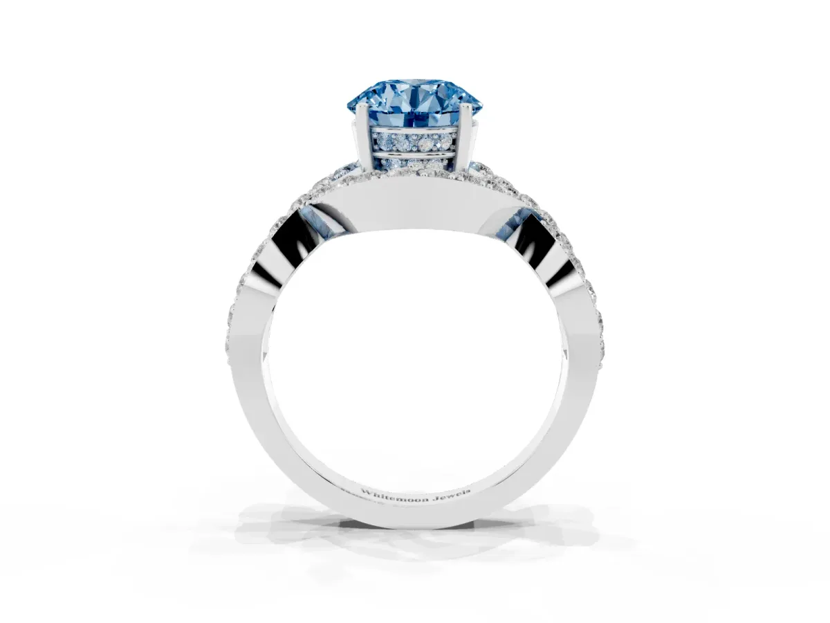 Fancy Blue Round Cut Solitaire Twist Band Pavé Diamond Engagement Ring Silver