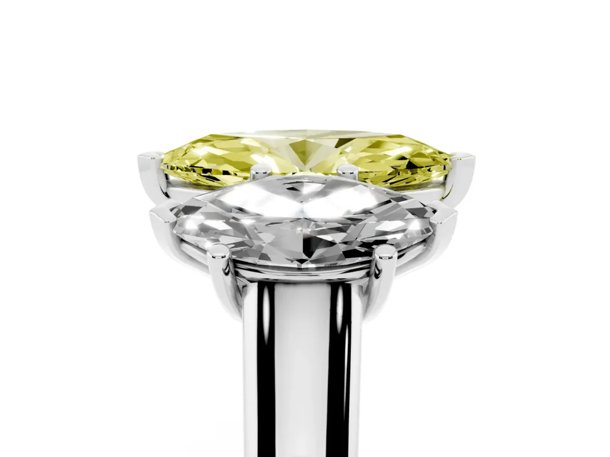 Fancy Yellow Marquise Cut Three-Stone Diamond Ring with Prong Setting on a Classic Band Silver