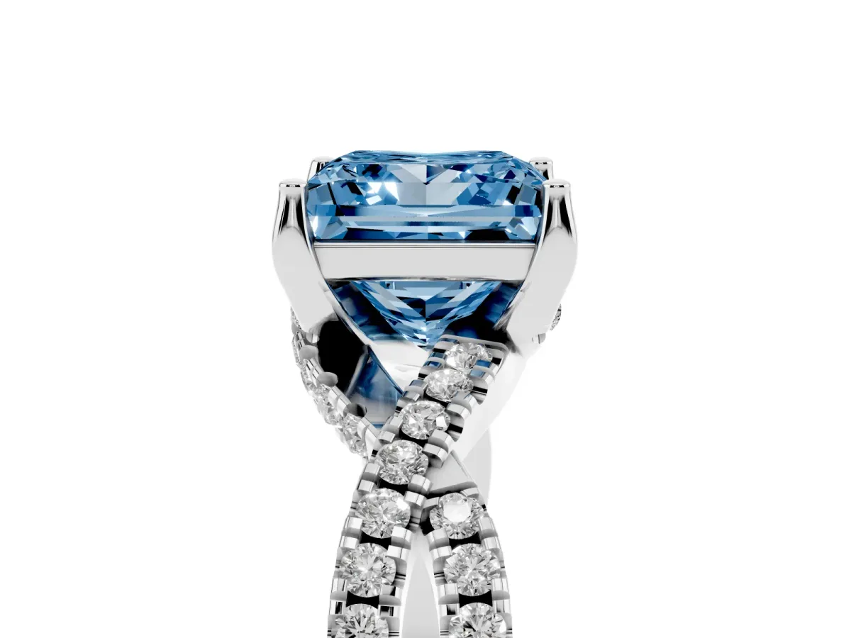 Fancy Blue Princess Cut Solitaire Twist Pave Diamond Engagement Ring with Prong Setting Silver