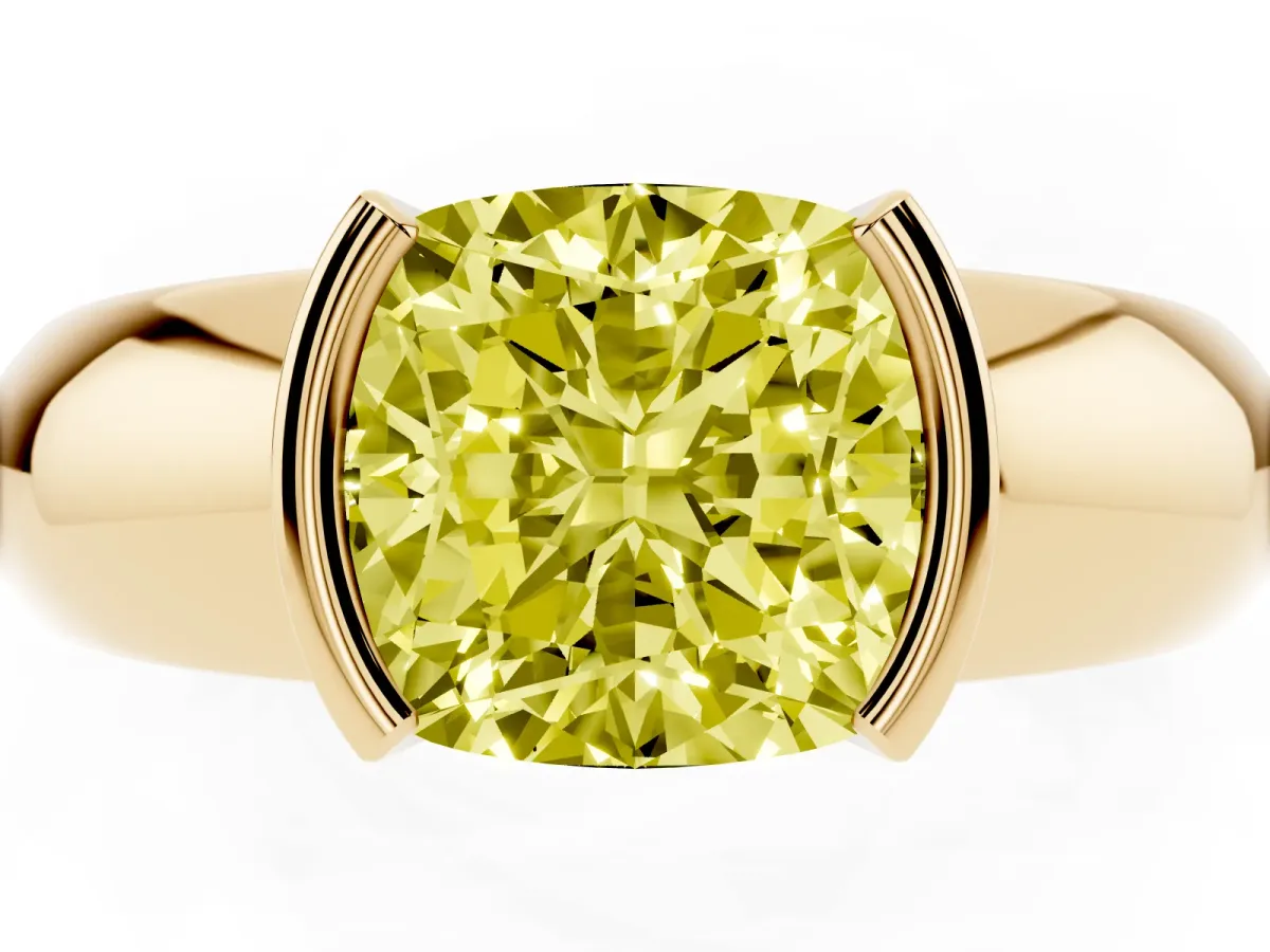 Fancy Yellow Cushion Cut Solitaire Tension Set Diamond Ring with Wide Band Yellow gold