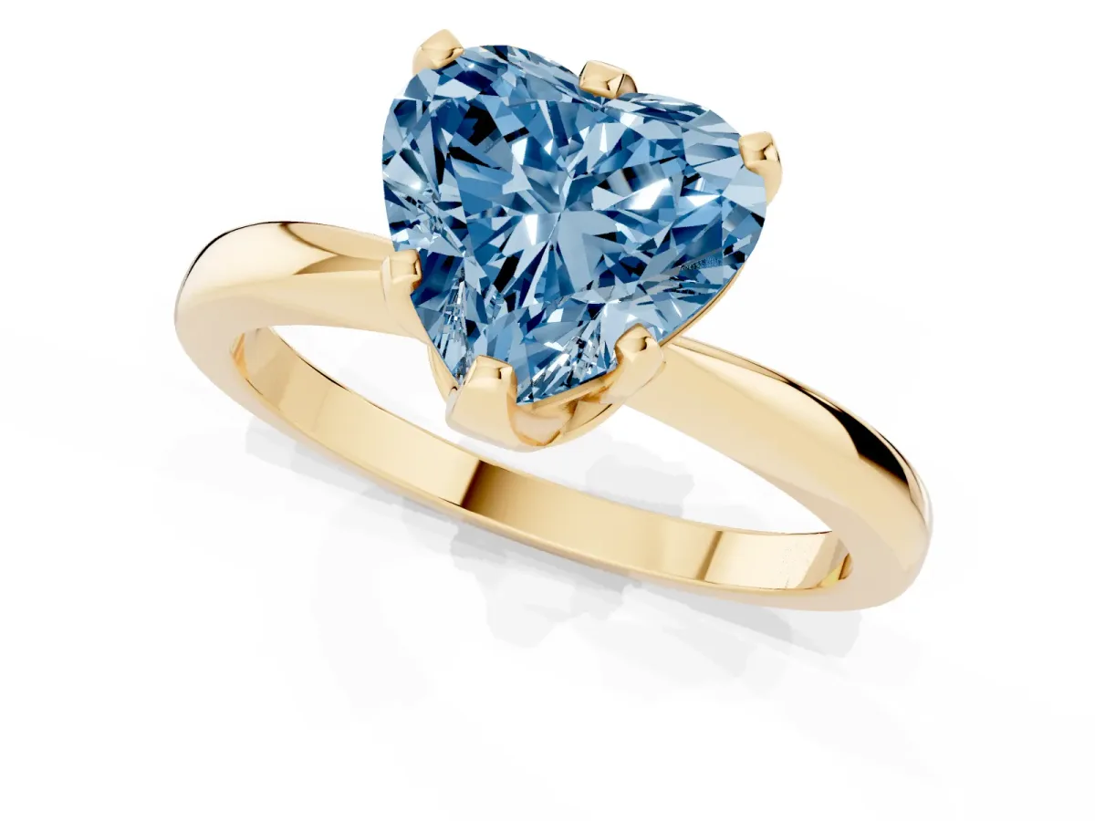 Fancy Blue Heart Cut Solitaire Engagement Ring with Six-Prong Setting and Tapered Band Yellow gold
