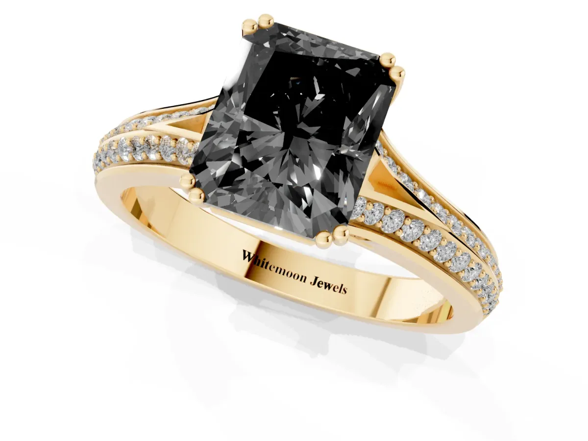 Fancy Black Radiant Cut Diamond Split Shank Engagement Ring with Pavé Band Yellow gold