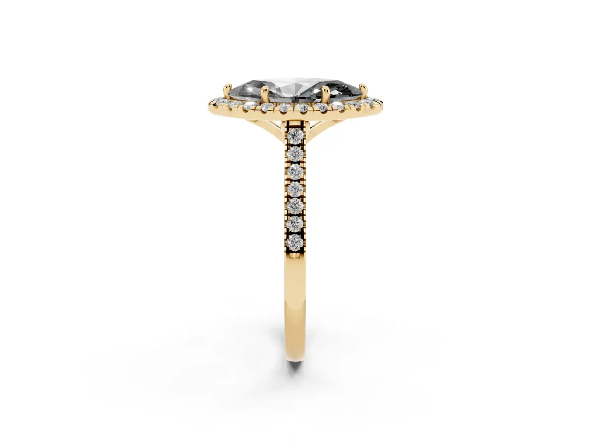 Fancy Black Marquise Cut Diamond Cushion Halo Ring with Pavé Band Yellow gold