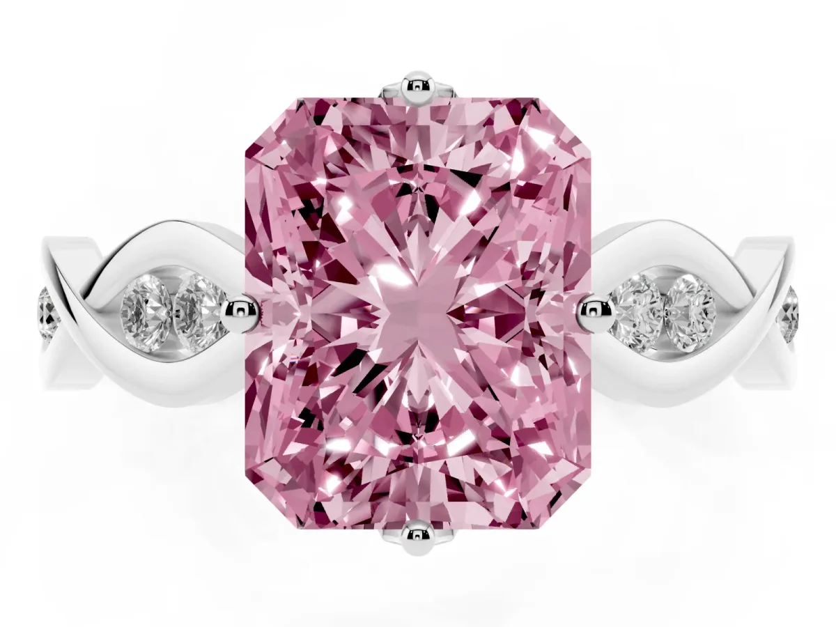 Fancy Pink Radiant Cut Solitaire Twist Band with Leaf Prong Setting Silver