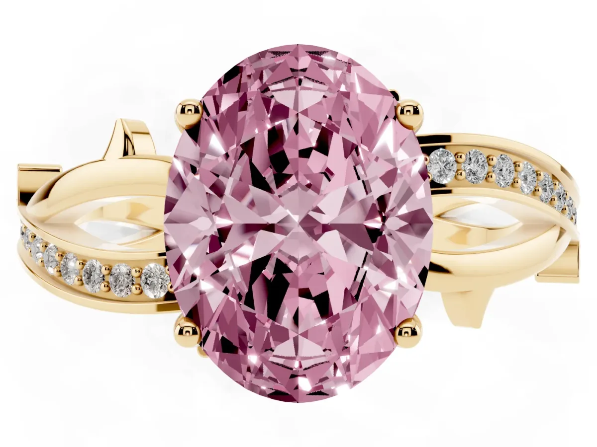 Fancy Pink Oval Cut Solitaire Twist Band with Pavé Accents and Four-Prong Setting Yellow gold