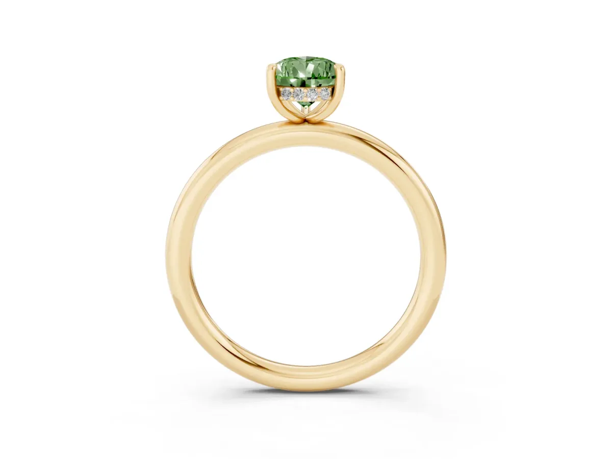 Fancy Green Pear Cut Diamond Solitaire Ring with Thin Band and Four-Prong Setting Yellow gold