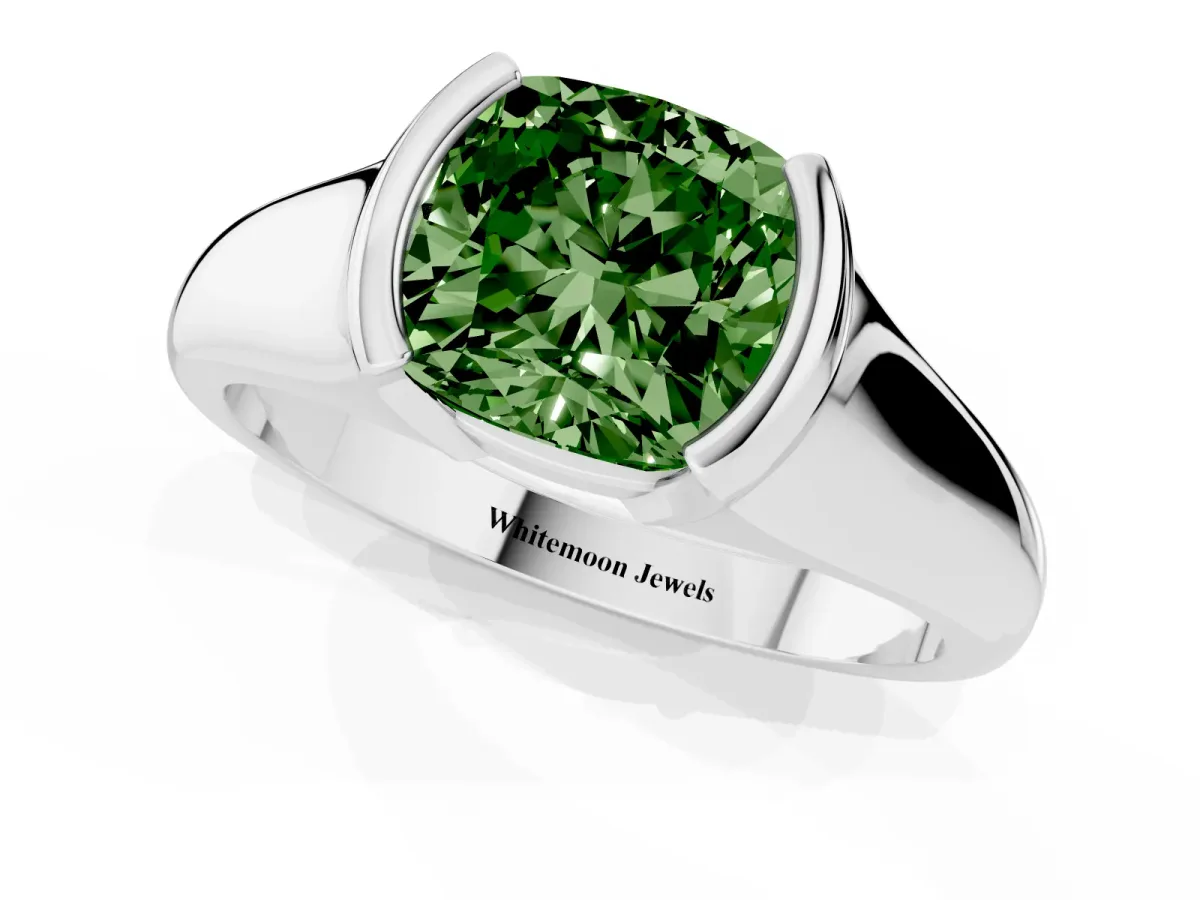 Fancy Green Cushion Cut Solitaire Tension Set Diamond Ring with Split Shank Band Platinum