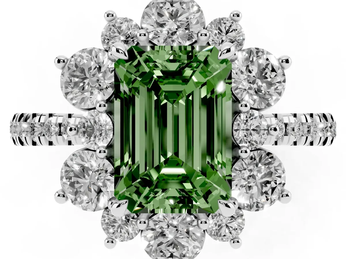 Fancy Green Emerald Cut Diamond Floral Halo Ring with Round Pavé Band and Prong Setting Silver
