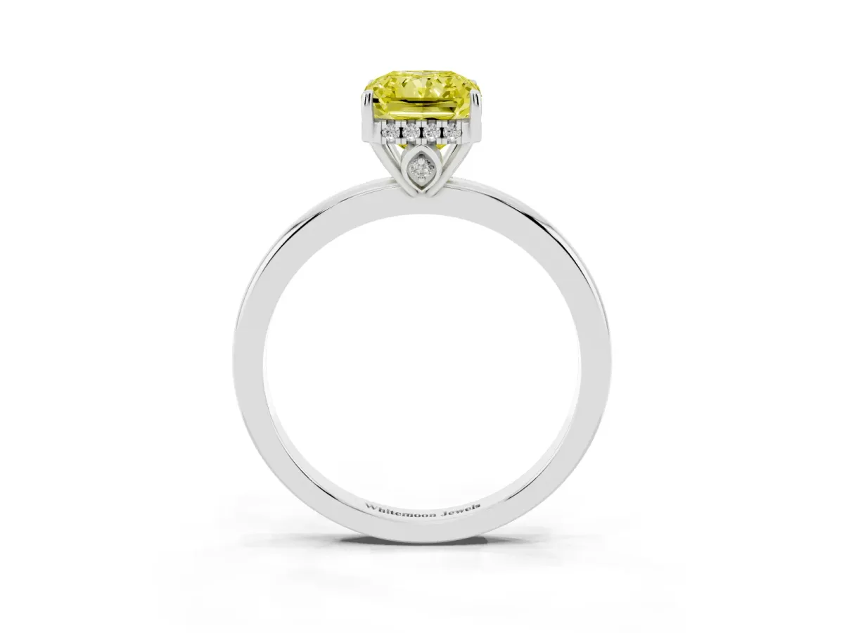 Fancy Yellow Radiant Cut Solitaire Diamond Ring with Prong Setting and Plain Band Platinum
