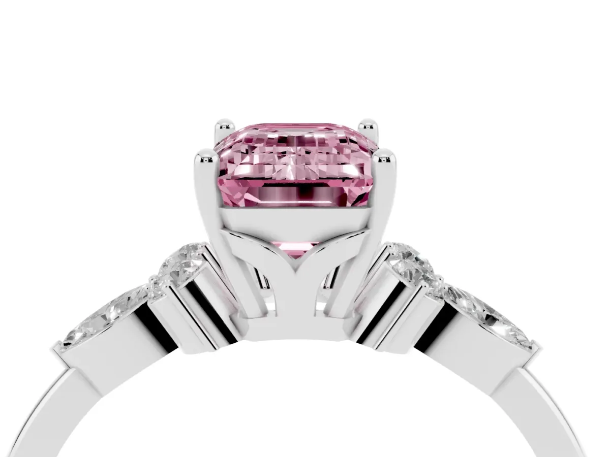 Fancy Pink Emerald Cut Brilliant Diamond Solitaire Ring with Pear Side Stones and Four-Prong Setting Platinum