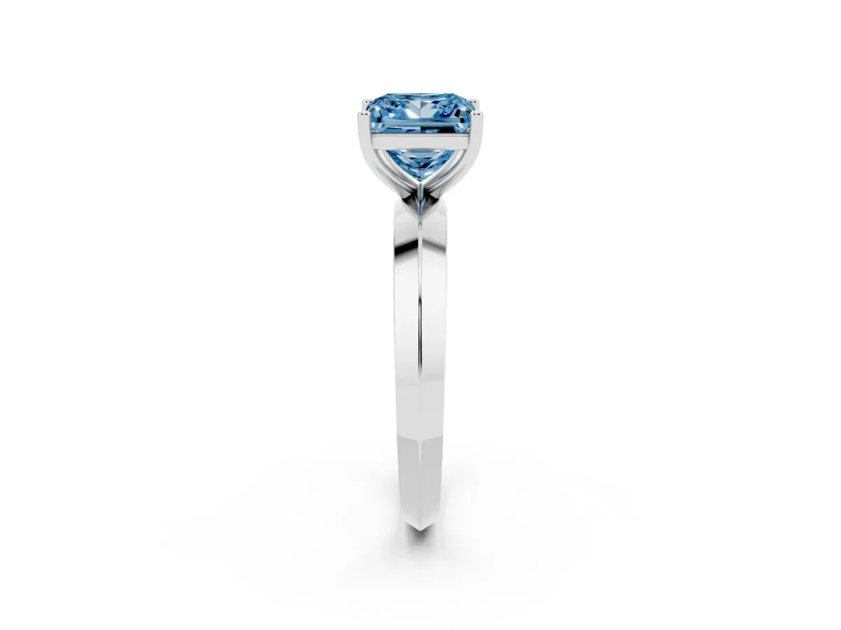 Fancy Blue Princess Cut Cut Solitaire Engagement Ring with Flat Band and Four-Prong Setting Silver