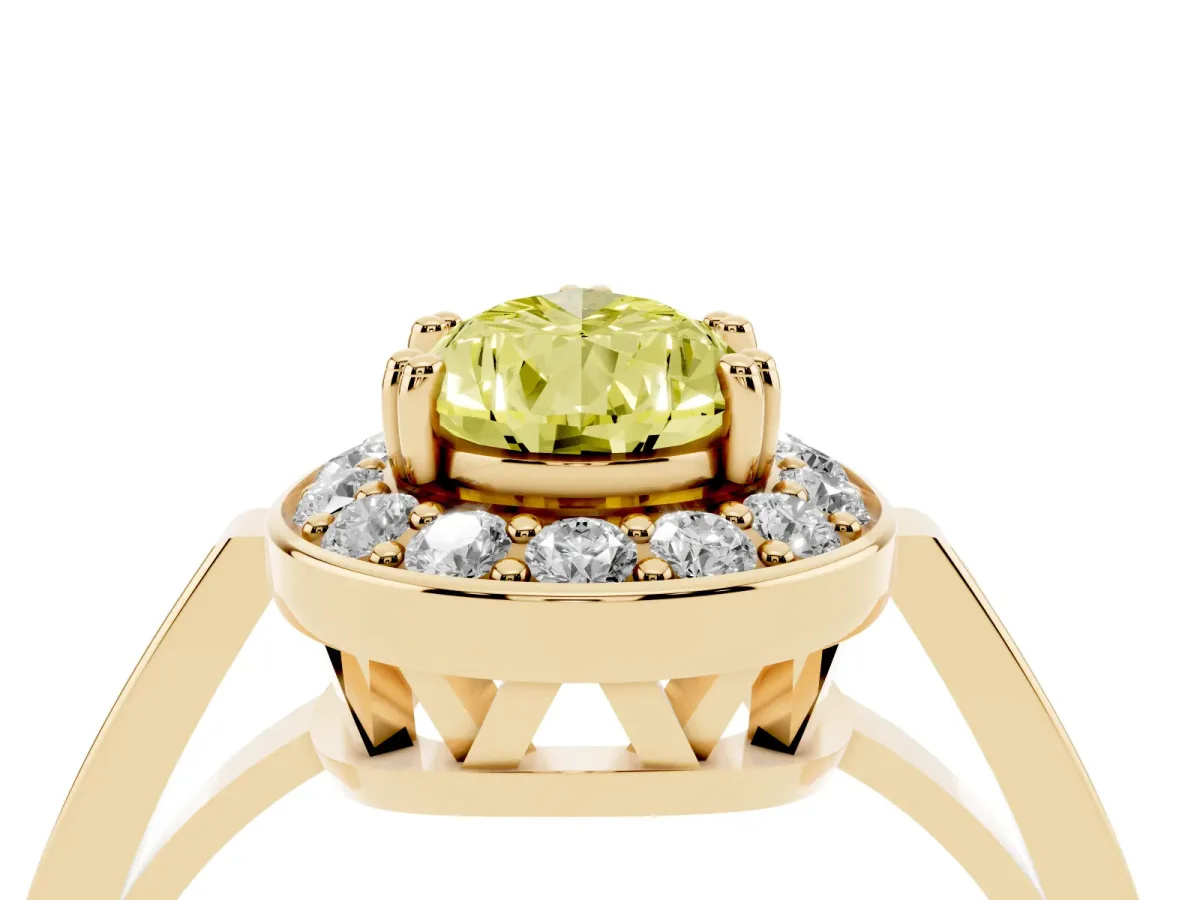 Fancy Yellow Pear Cut Diamond Halo Ring with Split Shank and Four-Prong Setting Yellow gold