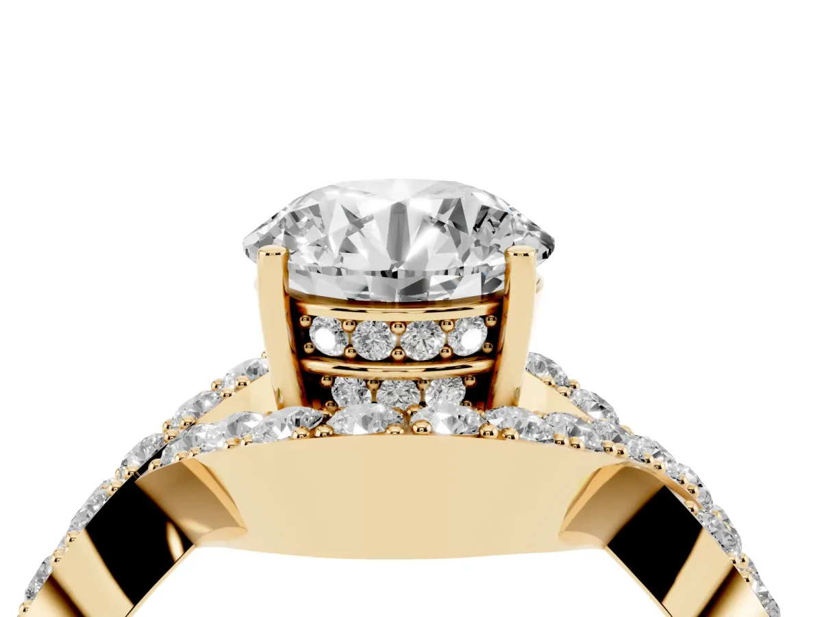 Round Cut Solitaire Twist Band Pavé Diamond Engagement Ring Yellow gold