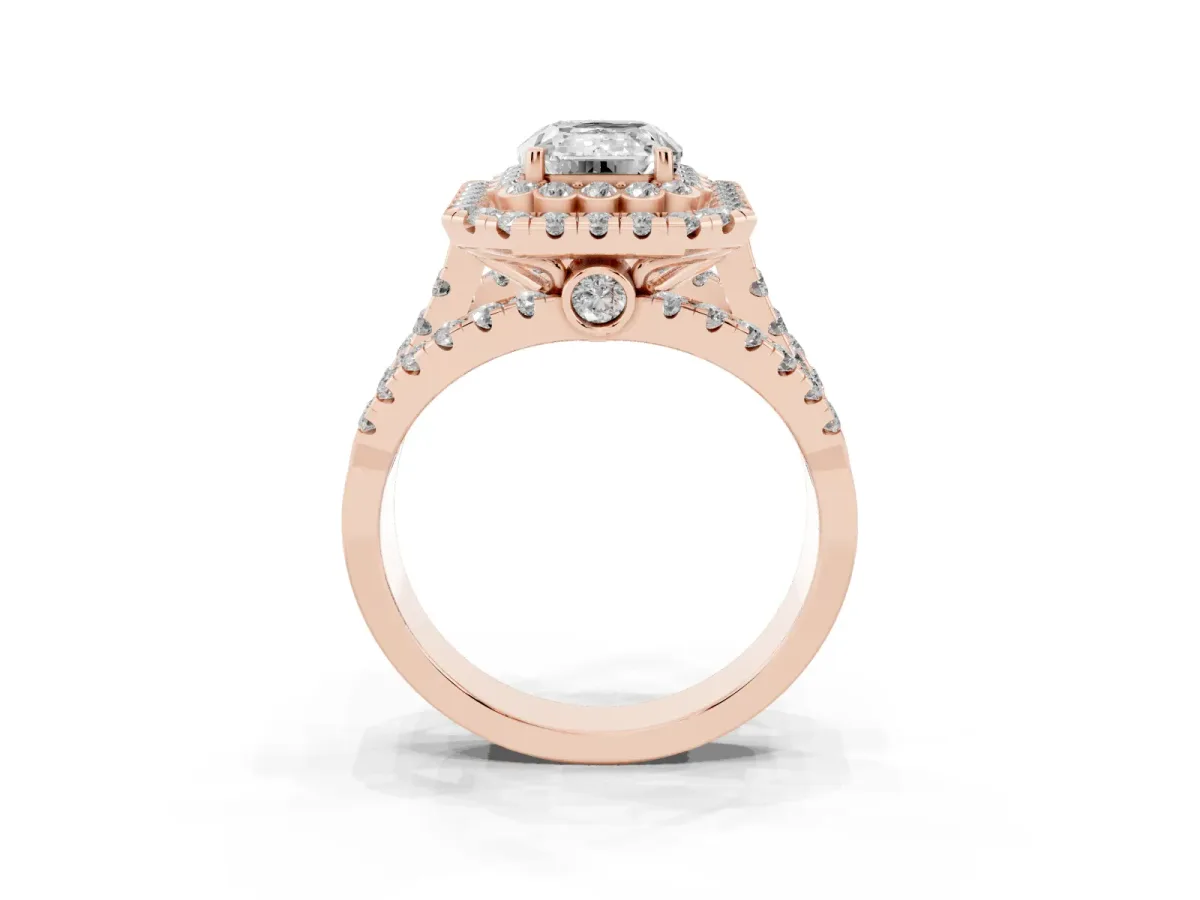 Emerald Cut Diamond Double Halo Ring with Round Pavé Split Shank and Prong Setting Rose gold