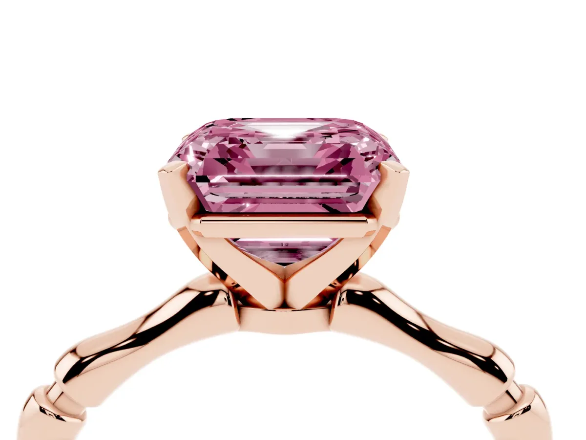 Fancy Pink Asscher Cut Solitaire Diamond Ring with Bamboo Band and Four-Prong Setting Rose gold