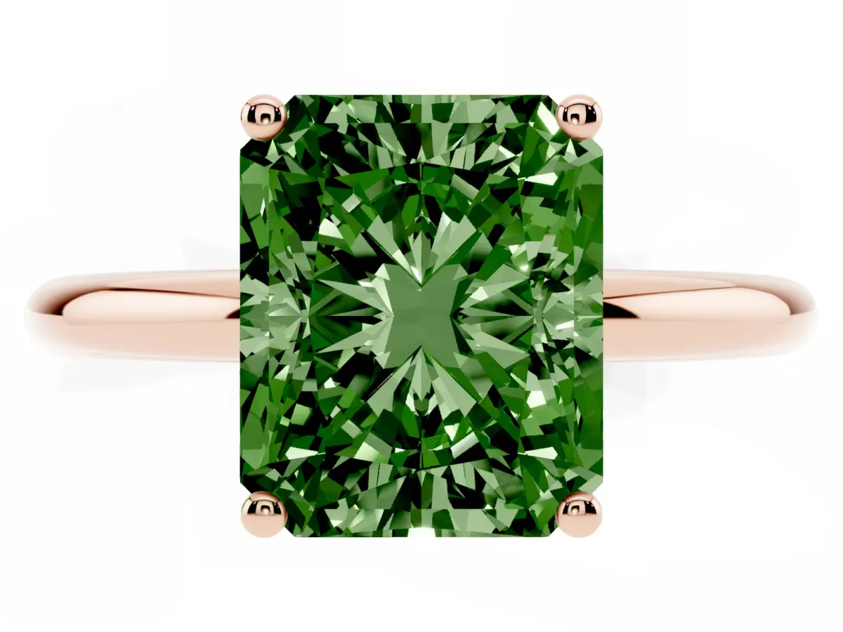 Fancy Green Radiant Cut Cut Solitaire Engagement Ring with Four-Prong Setting and Classic Band Rose gold