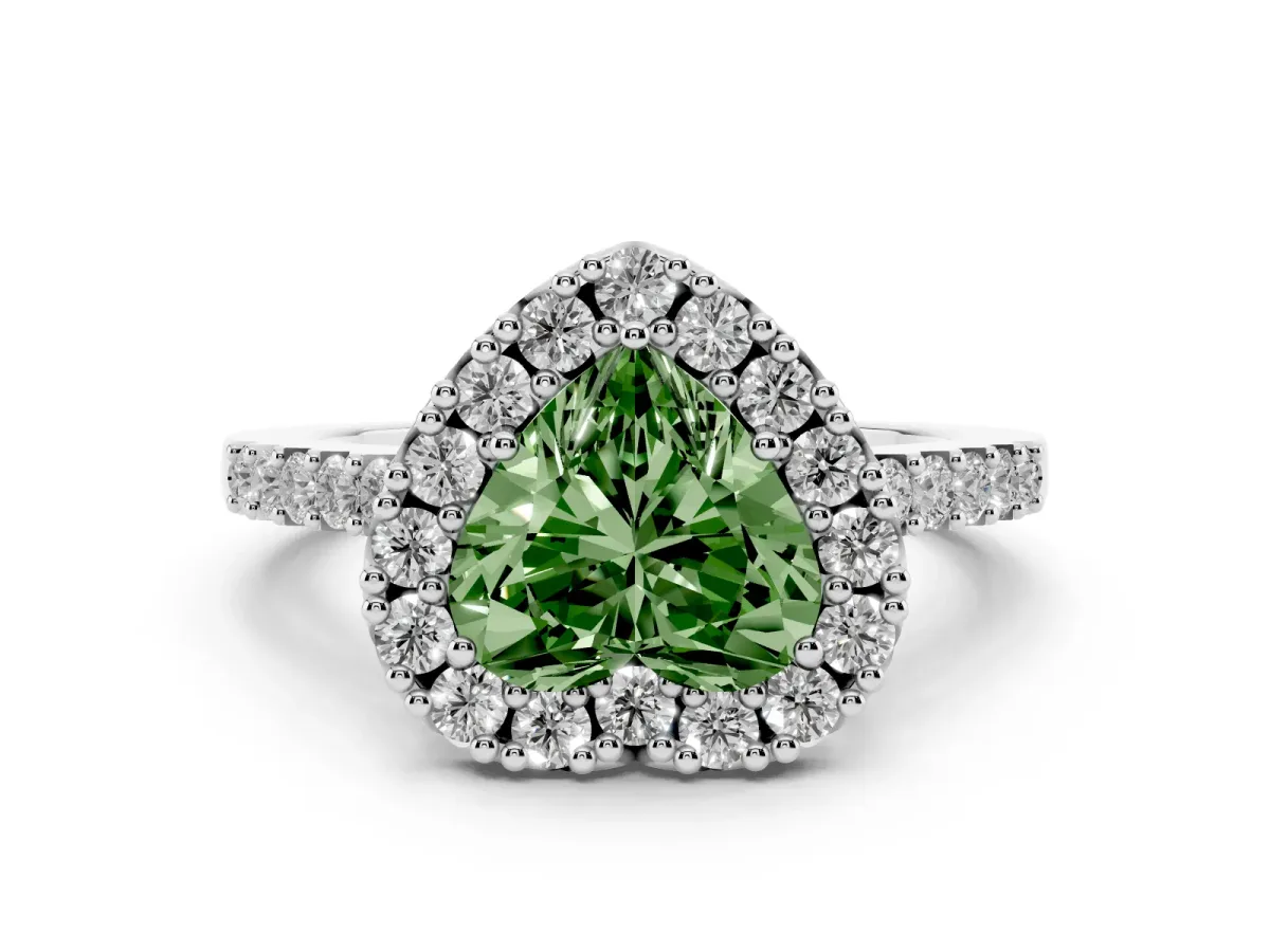Fancy Green Heart Cut Halo Diamond Pavé Solitaire Ring Silver