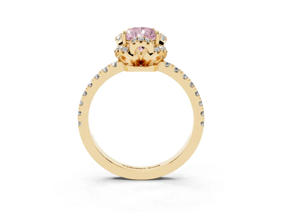 Fancy Pink Pear Cut Halo Diamond Pave Band Ring with Four-Prong Setting Yellow gold