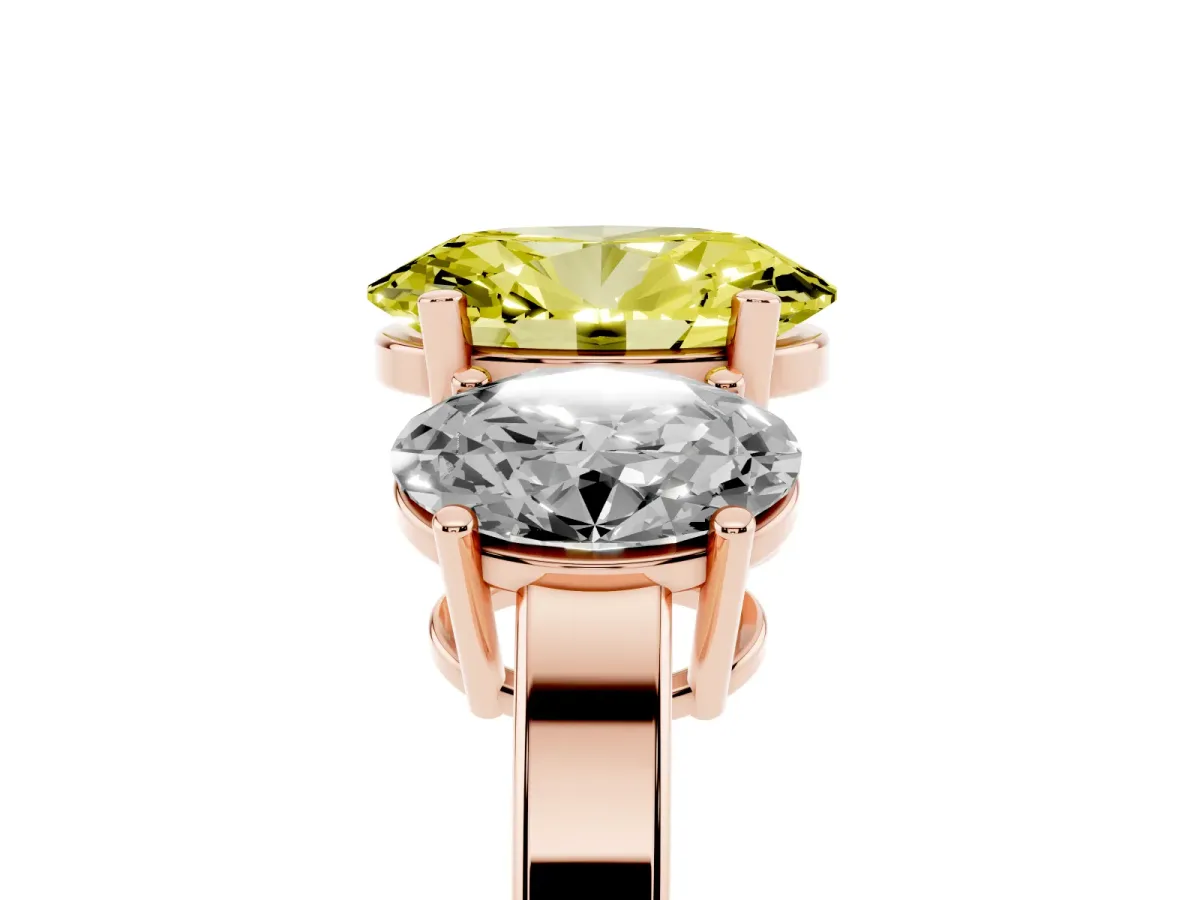 Fancy Yellow Three-Stone Oval Cut Cut Diamond Engagement Ring with Flat Band and Four-Prong Setting Rose gold
