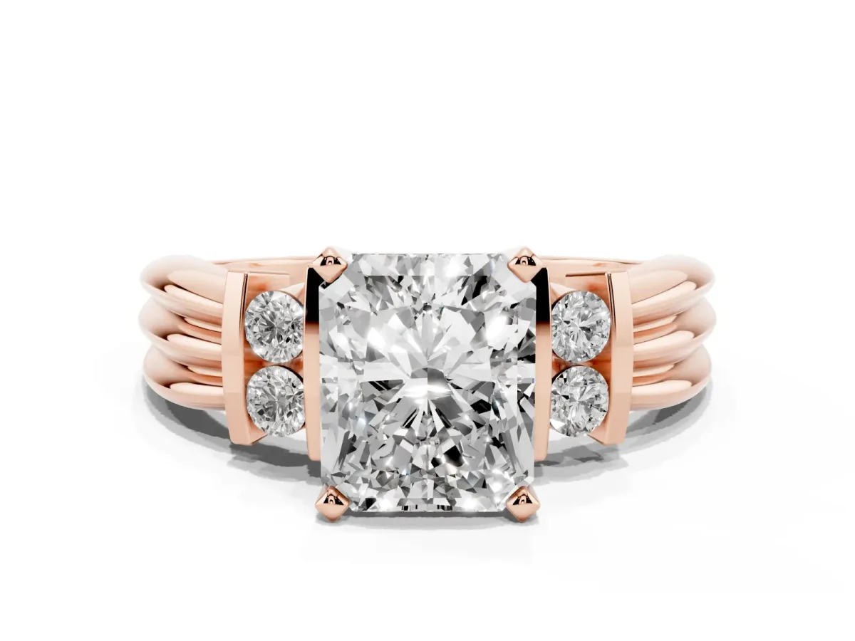 Radiant Cut Cut Three-Stone Channel Set Ring with Bar Prongs Rose gold