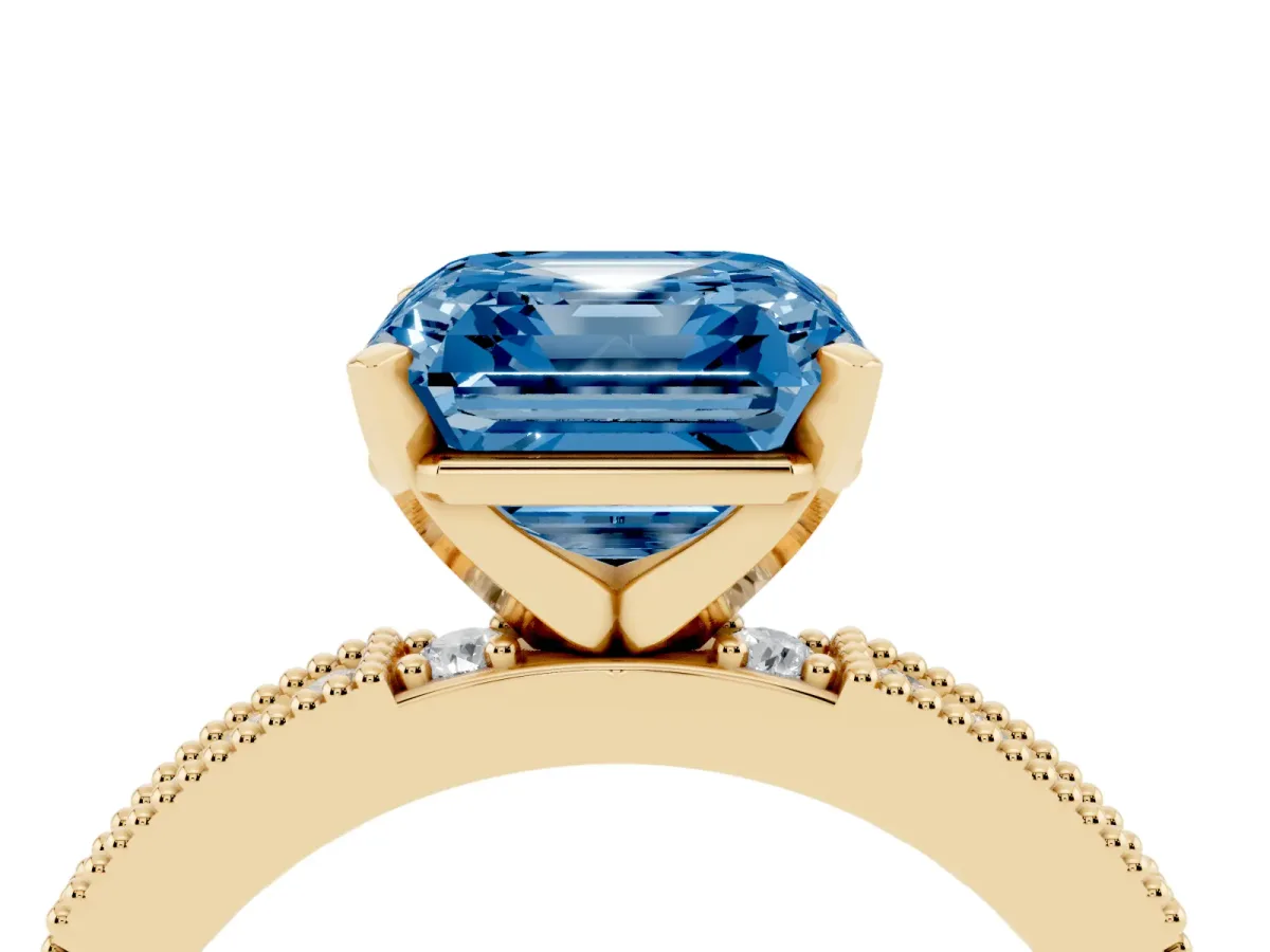 Fancy Blue Asscher Cut Solitaire with Pavé Band and Four-Prong Setting Yellow gold