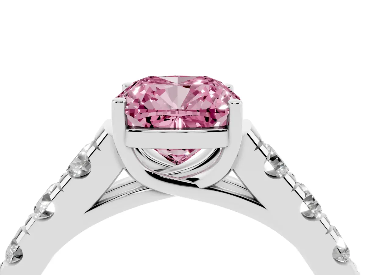 Fancy Pink Cushion Cut Cut Diamond Solitaire Ring with Micro Pave Band and Prong Setting Silver