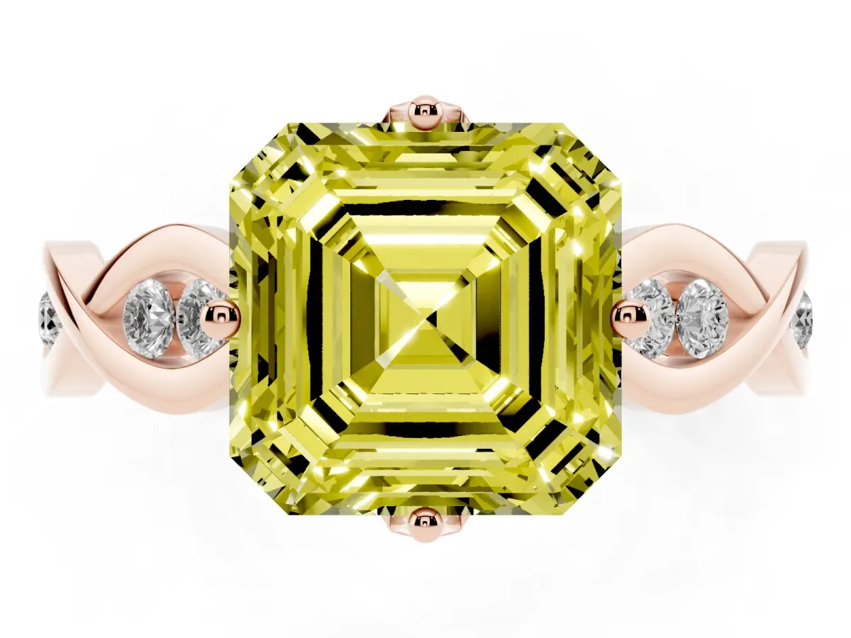 Fancy Yellow Asscher Cut Solitaire Twist Band with Leaf Prong Setting Rose gold