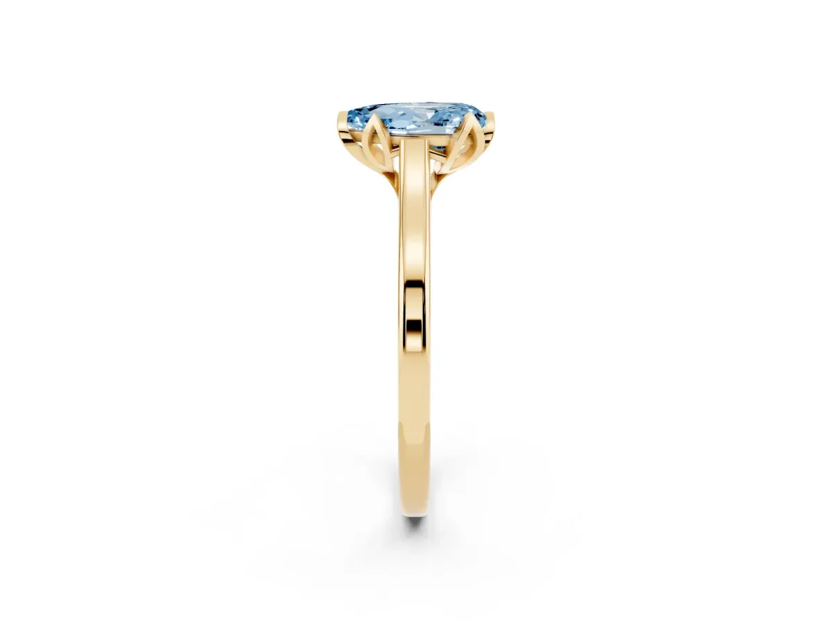 Fancy Blue Pear Cut Diamond Solitaire Ring with Flower Prong Setting and Classic Band Yellow gold