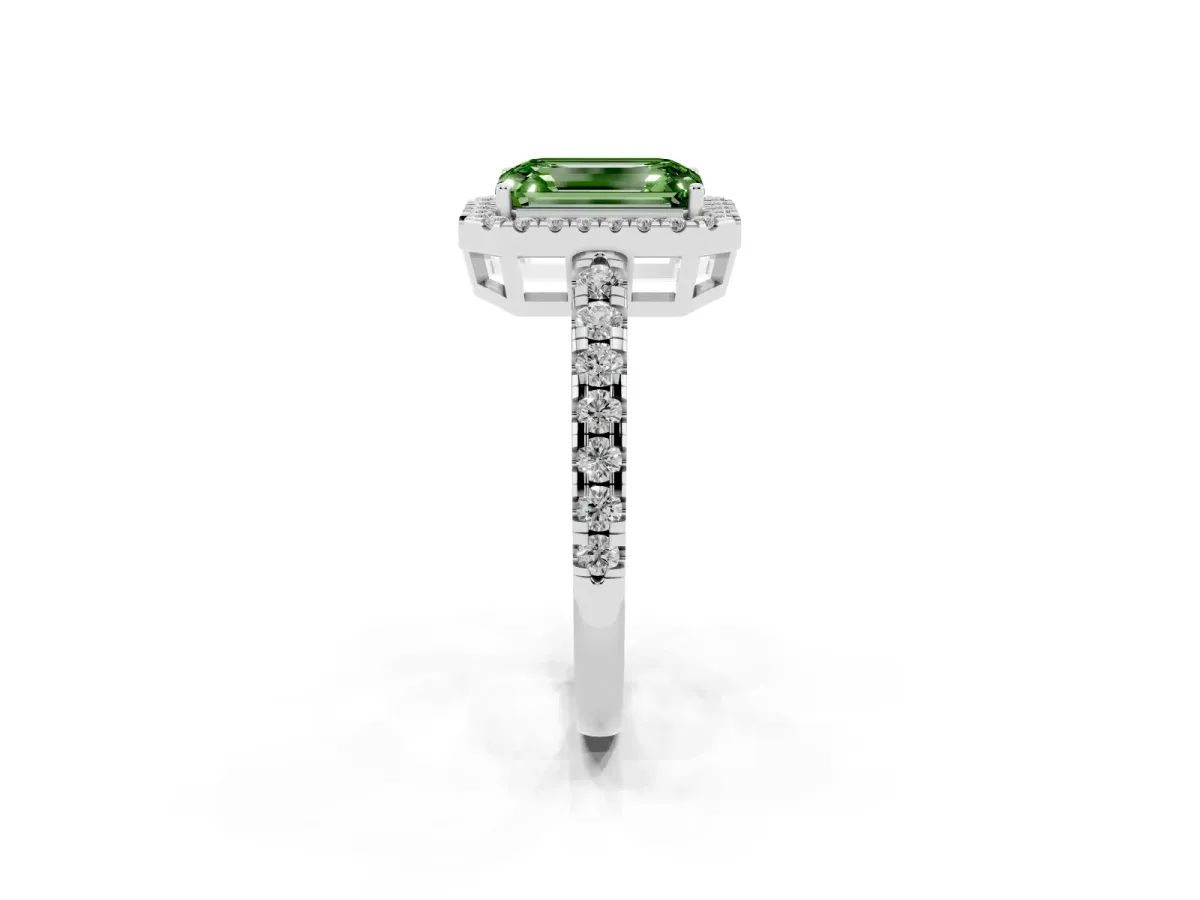 Fancy Green Emerald Cut Diamond Halo Ring with Pavé Band and Four-Prong Setting Platinum