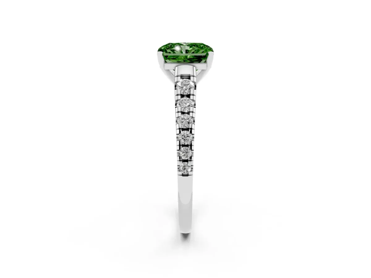 Fancy Green Radiant Cut Diamond Cathedral Solitaire Ring with Round Pavé Band Silver