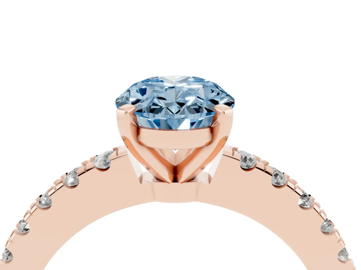 Fancy Blue Oval Cut Solitaire Diamond with Pavé Band and Four-Prong Setting Rose gold