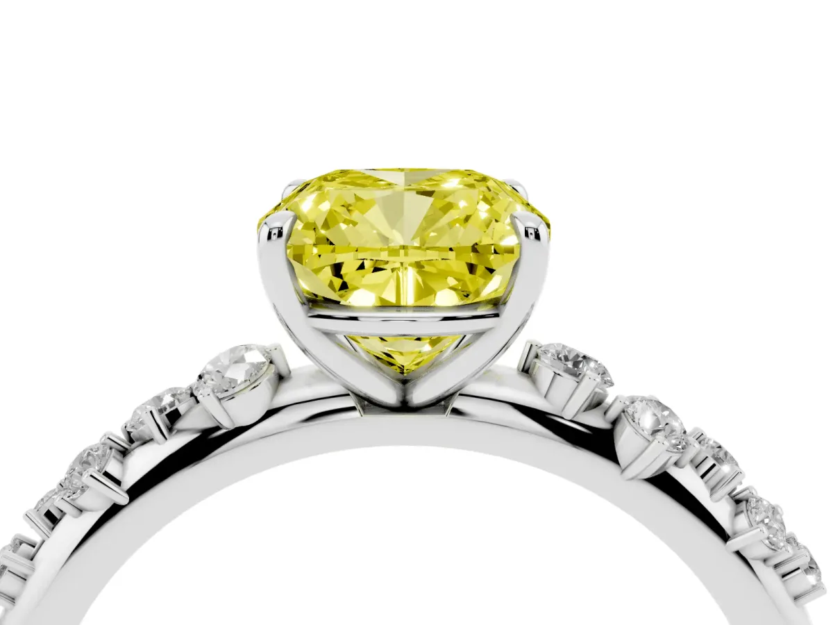 Fancy Yellow Cushion Cut Diamond Cluster Prong-Set Solitaire Ring Silver