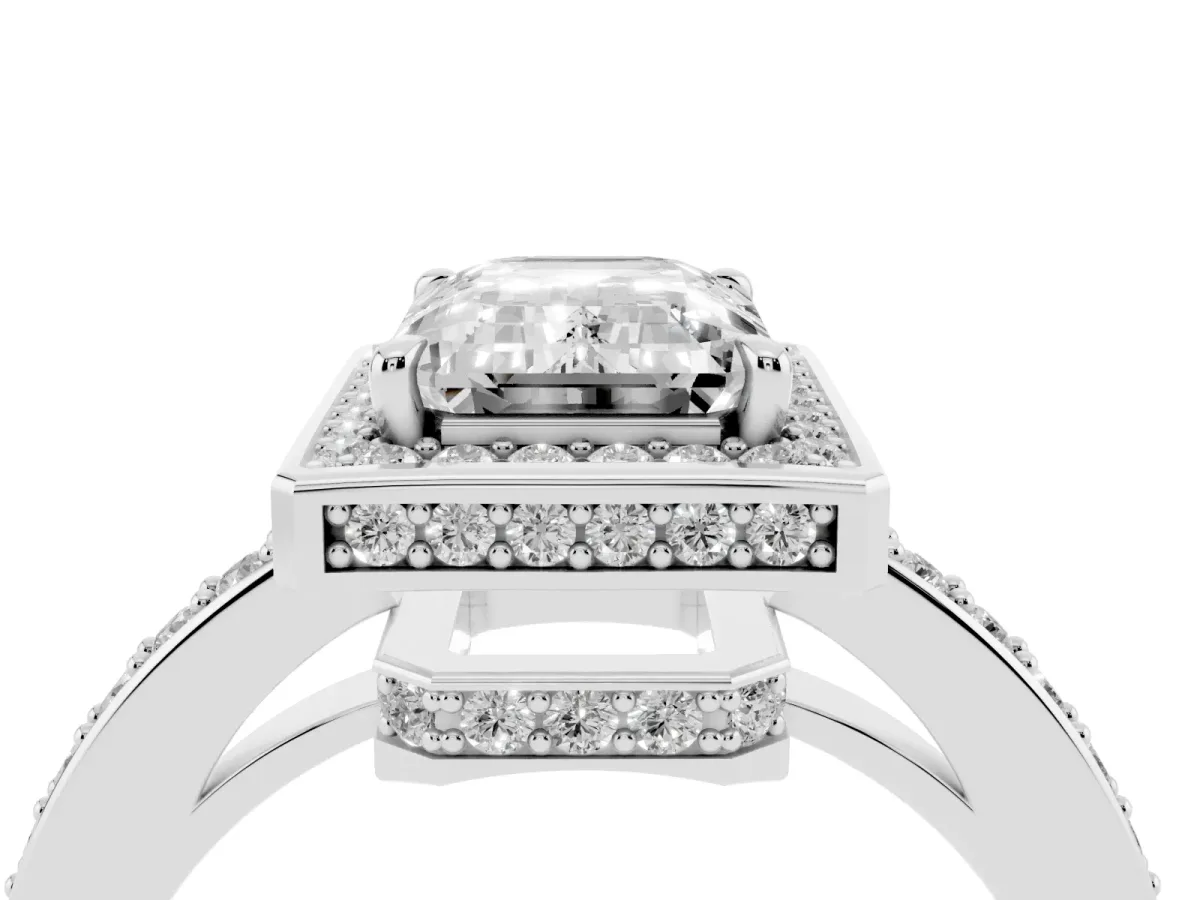 Emerald Cut Halo Pave Band Solitaire Ring with Prong Setting Silver