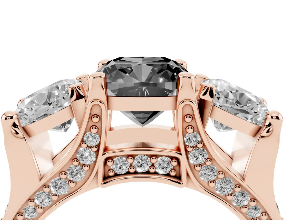 Fancy Black Cushion Cut Diamond Three-Stone Ring with Channel Set Band and Four-Prong Setting Rose gold