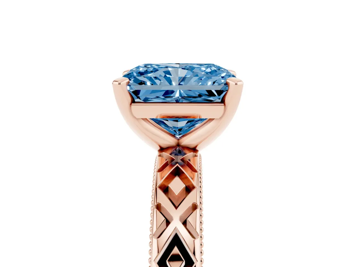 Fancy Blue Radiant Cut Solitaire Diamond Ring with Milgrain and Black Enamel X Pattern Band Rose gold