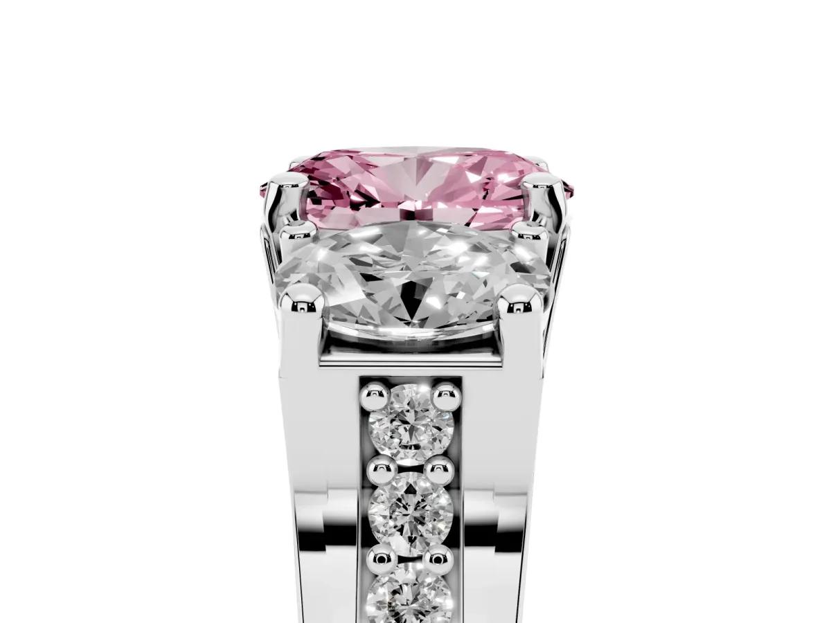 Fancy Pink Oval Cut Diamond Three-Stone Ring with Channel Set Band and Four-Prong Setting Silver