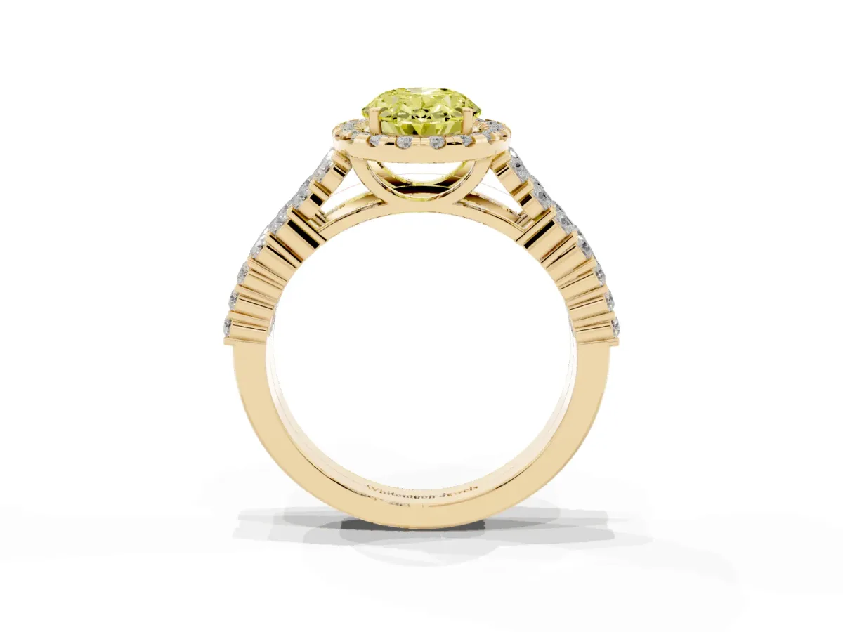 Fancy Yellow Oval Cut Diamond Halo Engagement Ring with Triple Row Round Pavé Band and Prong Setting Yellow gold