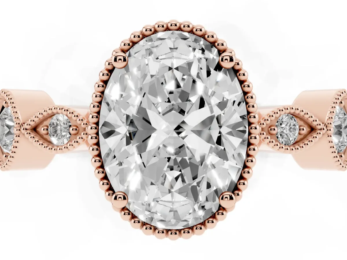 Oval Cut Diamond Vintage Milgrain Ring with Round Stations Rose gold