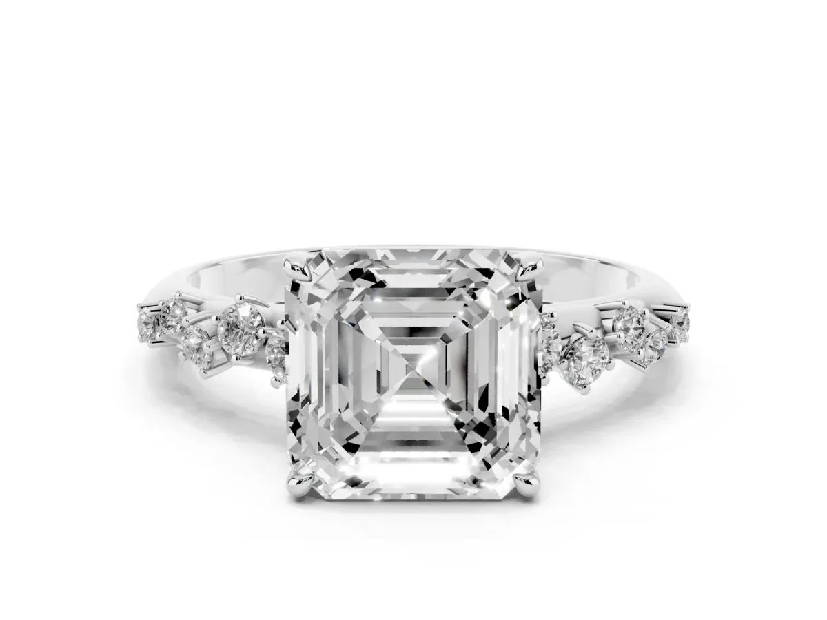 Asscher Cut Diamond Cluster Side Stone Solitaire Ring with Prong Setting Platinum