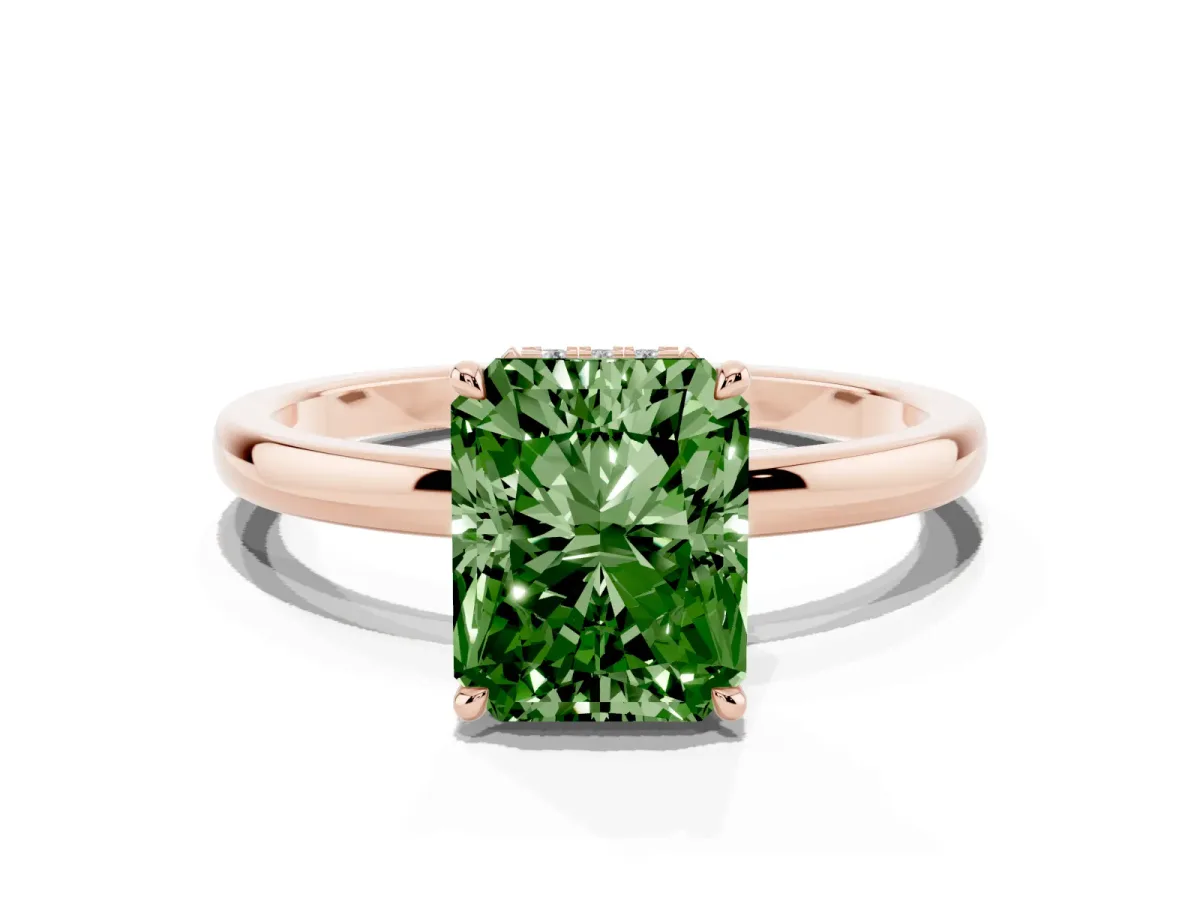 Fancy Green Radiant Cut Solitaire Engagement Ring with Cathedral Band and Four-Prong Setting Rose gold