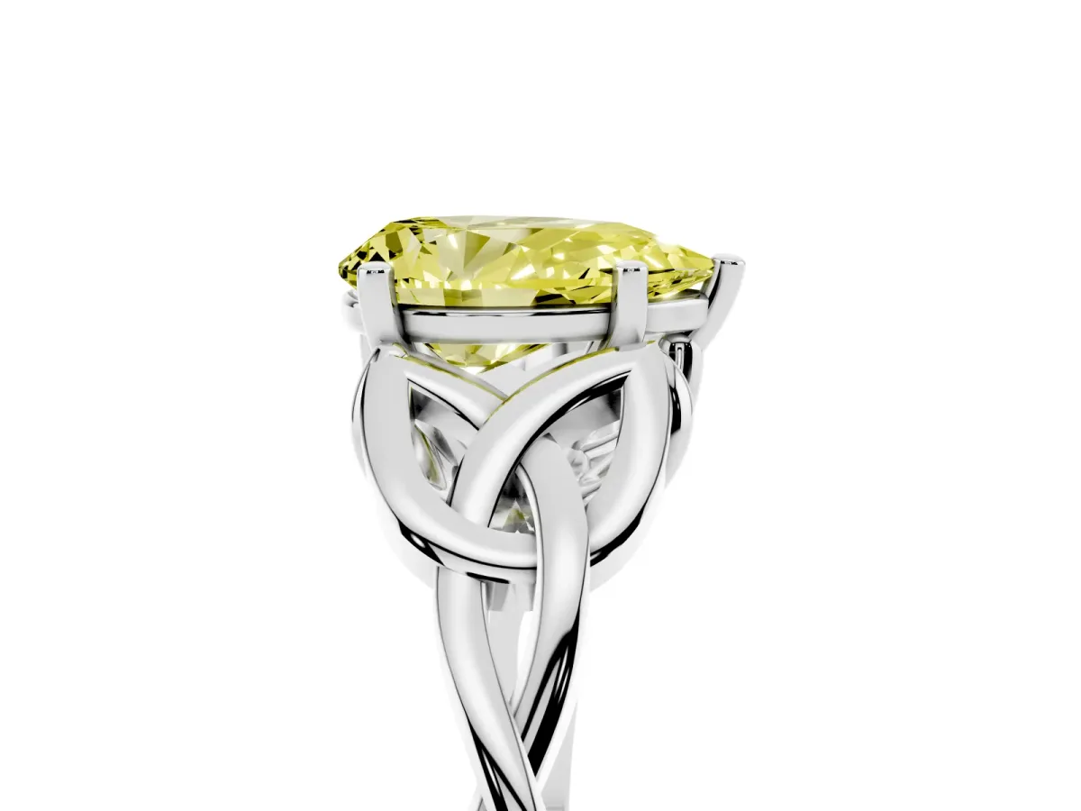 Fancy Yellow Pear Cut Diamond Solitaire Engagement Ring with Celtic Knot Band and Four-Prong Setting Silver