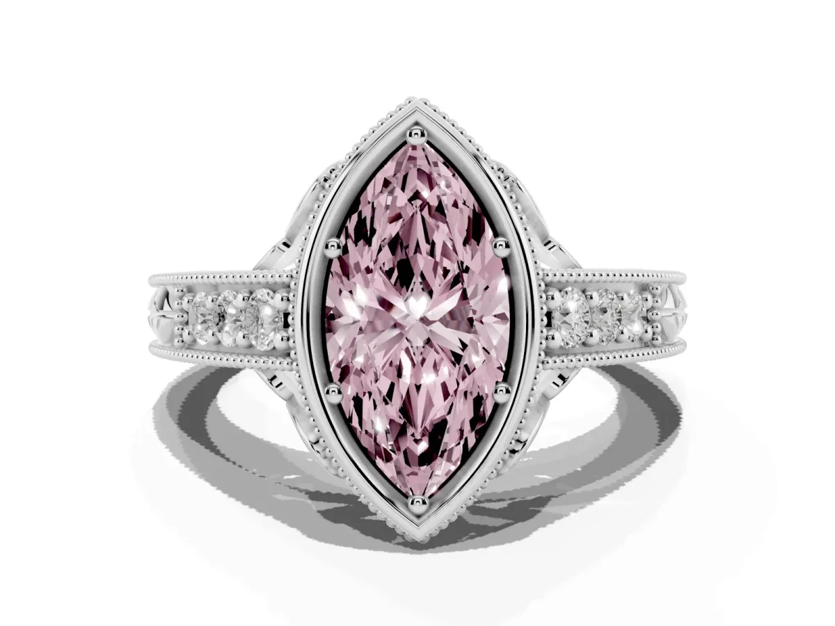 Fancy Pink Bezel Set Marquise Cut Diamond Milgrain Pave Engagement Ring Silver