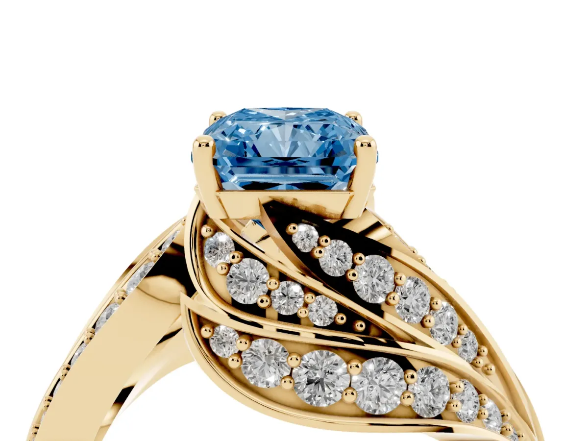 Fancy Blue Radiant Cut Diamond Solitaire Ring with Prong Setting and Twisted Pavé Band Yellow gold