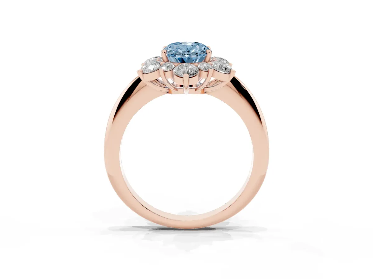 Fancy Blue Oval Cut Diamond Cluster Halo Ring with Solitaire Band and Four-Prong Setting Rose gold