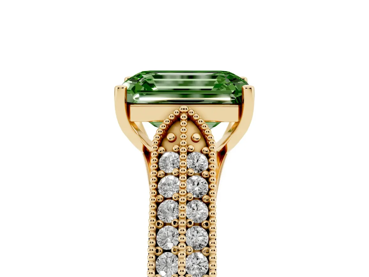 Fancy Green Emerald Cut Cut Pave Split Shank Engagement Ring with Four-Prong Setting Yellow gold