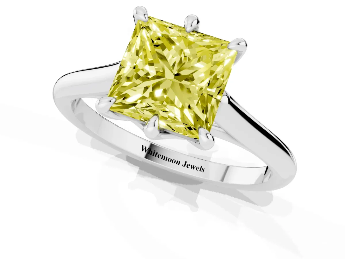 Fancy Yellow Princess Cut Solitaire Engagement Ring with Six-Prong Setting and Classic Band Silver