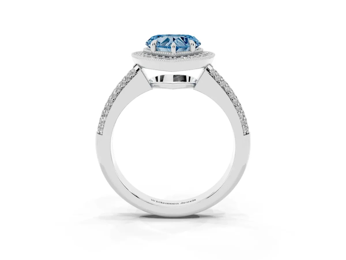 Fancy Blue Heart Cut Cut Halo Diamond Pave Band with Four-Prong Setting Platinum