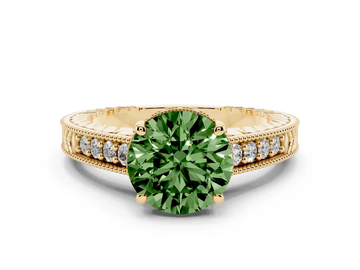 Fancy Green Round Cut Solitaire Pavé Diamond Milgrain Engagement Ring with Four-Prong Setting Yellow gold