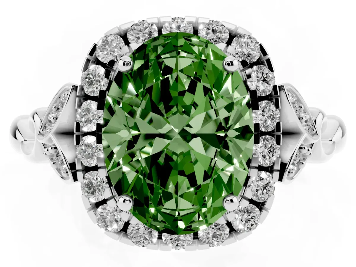 Fancy Green Oval Cut Halo Diamond Engagement Ring with Vintage-Inspired Band and Four-Prong Setting Platinum