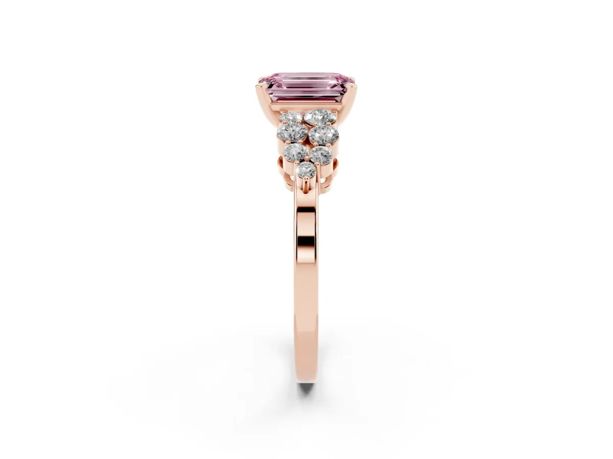 Fancy Pink Emerald Cut Cluster Diamond Engagement Ring with Pavé Band and Four-Prong Setting Rose gold